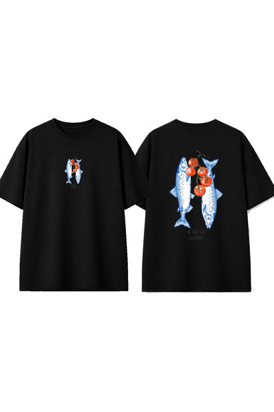 urbvn Tricou oversize negru cu imprimeu Fish 2 Design