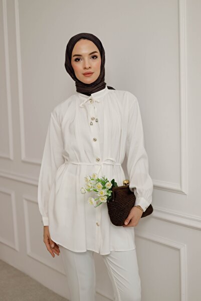 MOONSC Women's Hijab Shirt with Judge Collar and Drawstring Detail