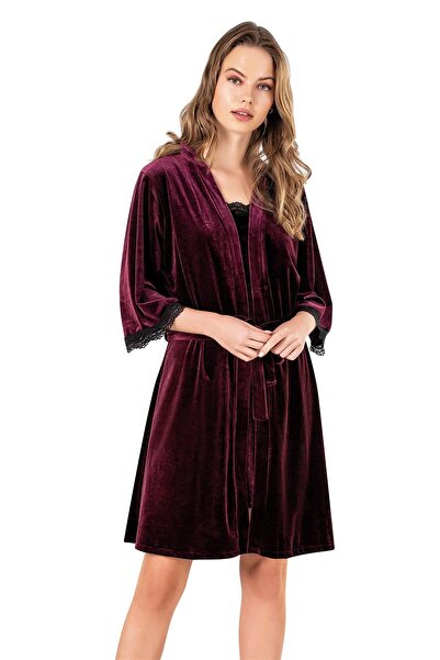 OBJE Kadın Vişne Kadife Kapri Kol Dantel Detay Sabahlık