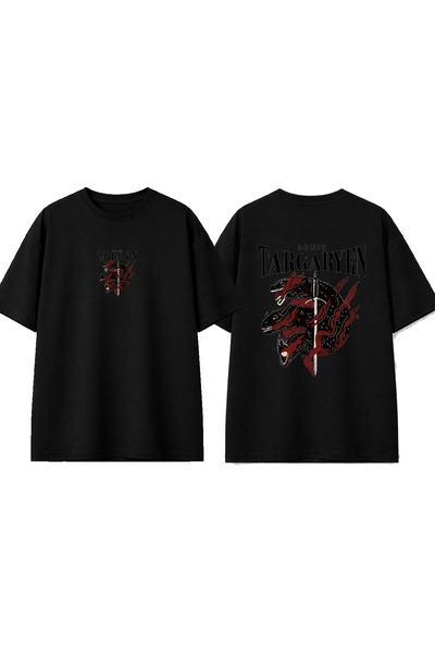 urbvn House Targaryen Tasarım Baskılı Siyah Oversize T-shirt