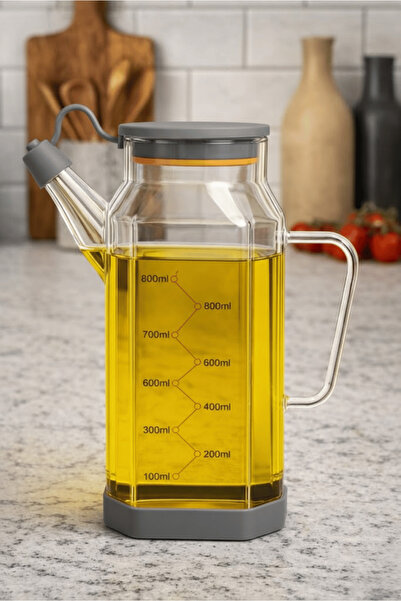 Jenisa Transparent Glass 800 ml Oil Dispenser Jug - Non-Spill & Non-Slip Sili...