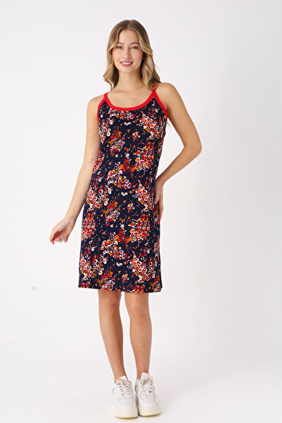 İntensive Women's Navy Blue Patterned Strappy Dress 100% Cotton