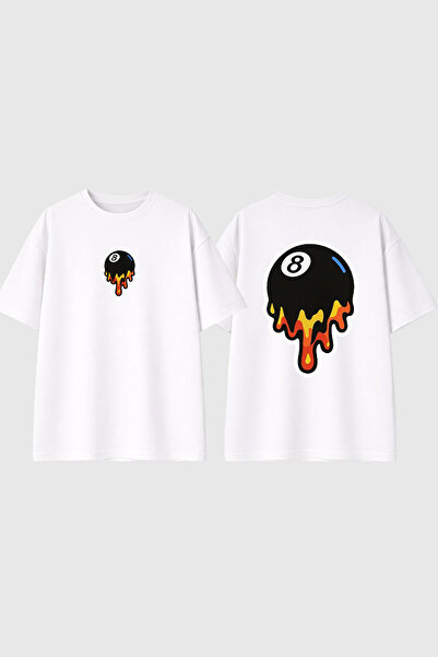 urbvn تي شيرت أبيض كبير الحجم مطبوع بتصميم 8 Ball Fire