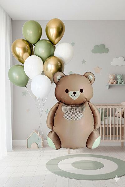 party world Brown Teddy Bear Foil Balloon with Bow Tie & Olive Green – Gold L...