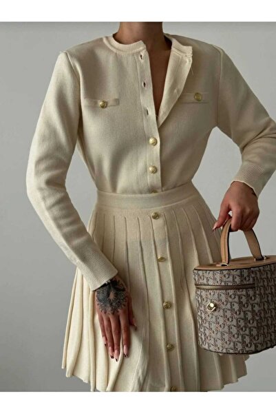 KAREN TEKSTİL Pleated Skirt Gold Button Jacket Knitwear Set