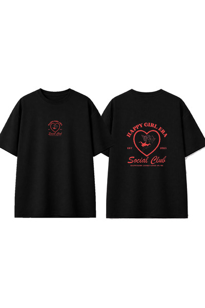 urbvn Happy Girl Era Design Printed Black Oversize T-Shirt