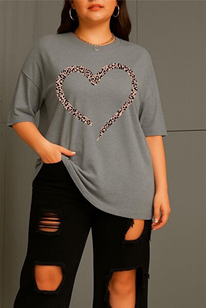 Oksit Love Women's Large Size Oversized Printed Crew Neck Cotton T-Shirt Rela...