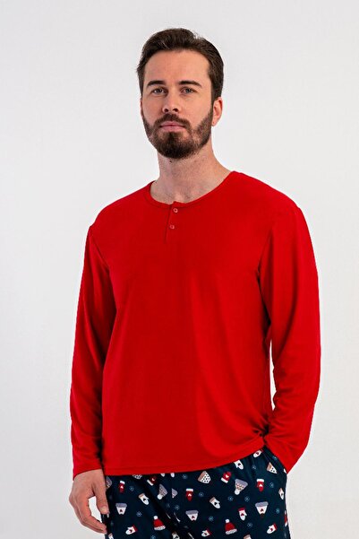 OBJE Men's Red Marla Plaid Long Sleeve Pajama Top