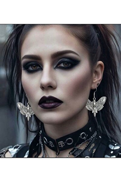 CemY Gothic Punk Death Moth Silver Earring Set