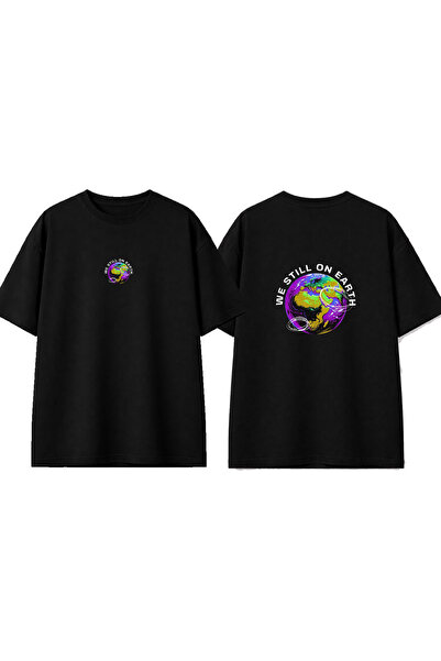 urbvn Still Earth Design Printed Black Oversize T-Shirt