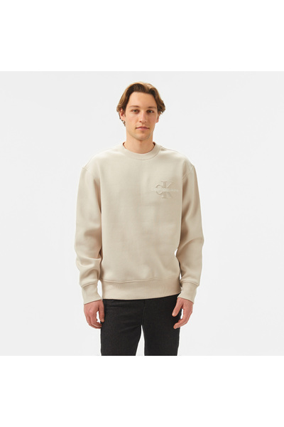 Calvin Klein Bristle Monologo Crew Ne Erkek Bej Sweatshirt