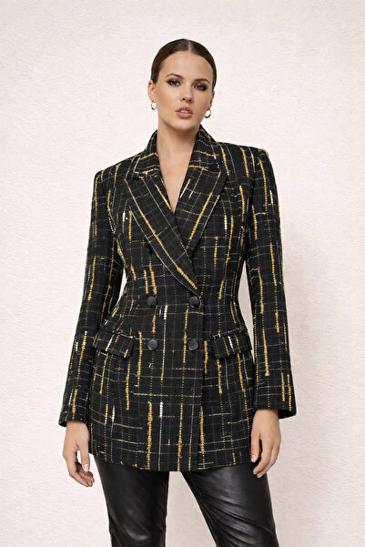 codemark Women's Black Multi-Colored Plaid Patterned Double-Breasted Jacket –...