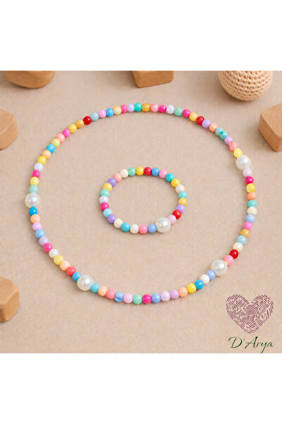 Darya DD736 Pastel Renkli İncili Boncuk Kolye ve Bileklik Seti Çocuk Kız