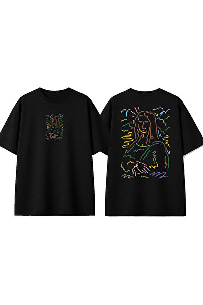 urbvn تي شيرت أسود كبير الحجم مطبوع بتصميم موناليزا