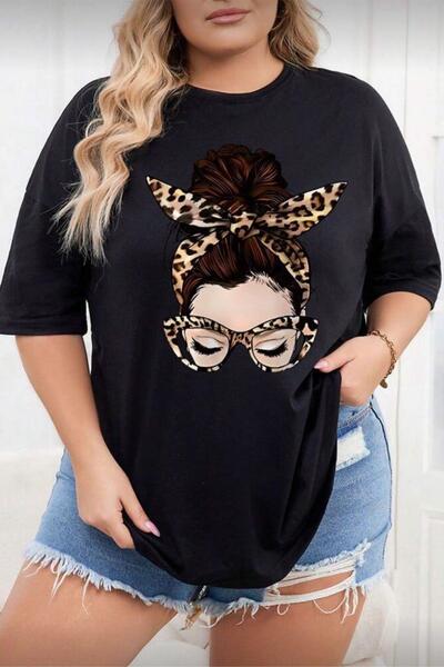 Oksit Ceny Women's Large Size Oversized Printed Crew Neck Cotton T-Shirt Rela...