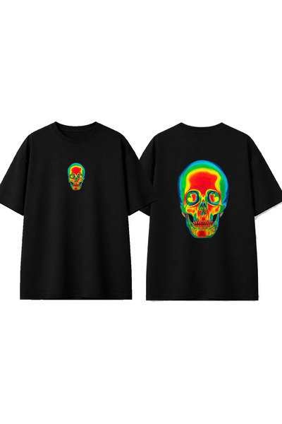 urbvn Tricou oversize negru cu imprimeu cu design craniu colorat
