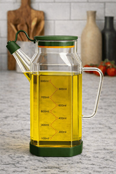 Jenisa Transparent Glass 800 ml Oil Dispenser Jug - Non-Spill & Non-Slip Sili...
