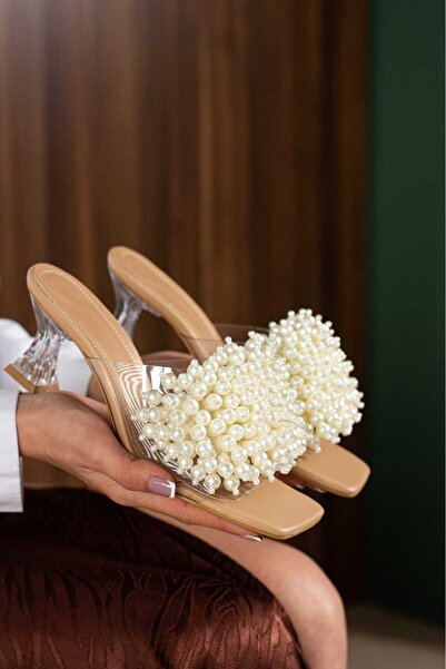 Roshin Shoes Yeni Sezon Kadın İncili Topuklu Terlik Ten Cilt Topuk 5CM