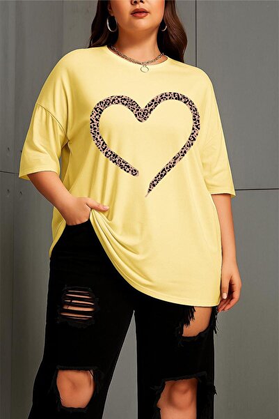 Oksit Love Women's Large Size Oversized Printed Crew Neck Cotton T-Shirt Rela...