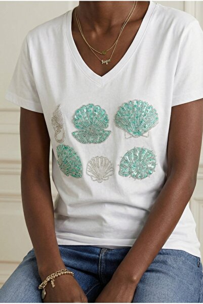 FEMELLE White V-Neck 100% Cotton T-Shirt with Beads and Sequins Embroidery