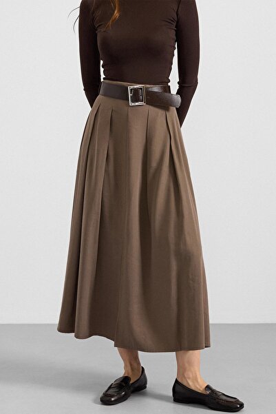Olcay Belt Detailed Front Slit Pleated Modal Skirt Khaki 7069
