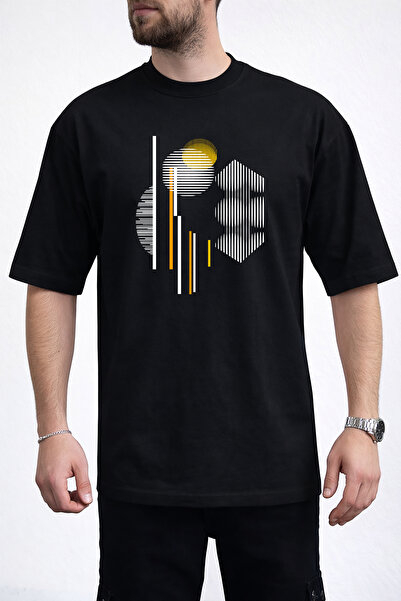 caddekombin Muška geometrijska zakrivljena linija Štampano okrugla kragna crn...