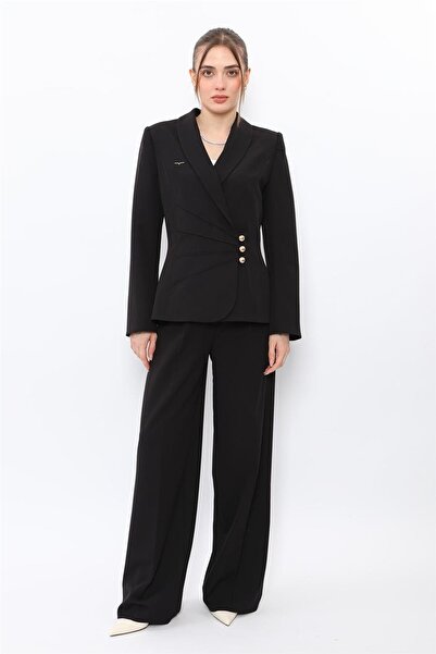 ÖNDER ÖZSOY Shawl Collar Double-Breasted Model Jacket & Classic Palazzo Women...