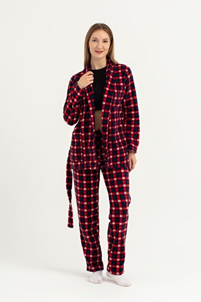 OBJE Women's Navy Blue Red Plaid Flat Leg Bow Elastic Fleece Bottoms