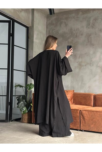 kendii modamm Women's Casual Wrinkled Textured Long Kimono Jacket and Pants Set – Seasonal Oversize Comfortable Set
