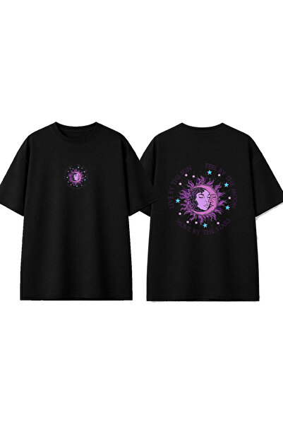 urbvn Sun Moon Design Printed Black Oversize T-Shirt