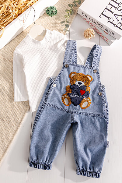 Babymod Denim 2-Piece Baby Boy Jeans Overalls with Teddy Bear Figure