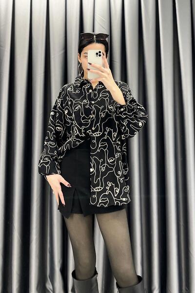 TOPSHOW قميص خشبي مزين بأزرار وتفاصيل مميزة - أسود