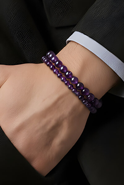 NBS Beautiful Naturel Stones Men's and Women's Real Amethyst Bracelet Set 2 P...
