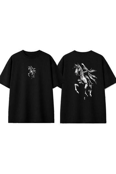 urbvn Horse 2 Design Printed Black Oversize T-Shirt