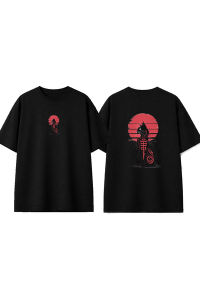 urbvn Tricou negru supradimensionat cu imprimeu Japan Cat Design