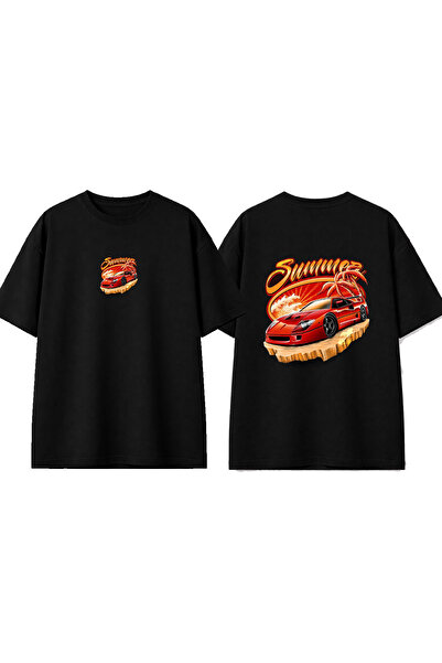 urbvn تي شيرت أسود كبير الحجم مطبوع بتصميم سيارة حمراء