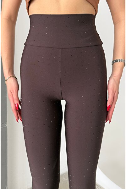 shaban Women's Brown Color Shiny Stone Detailed High Waist Gathering Heeled F...