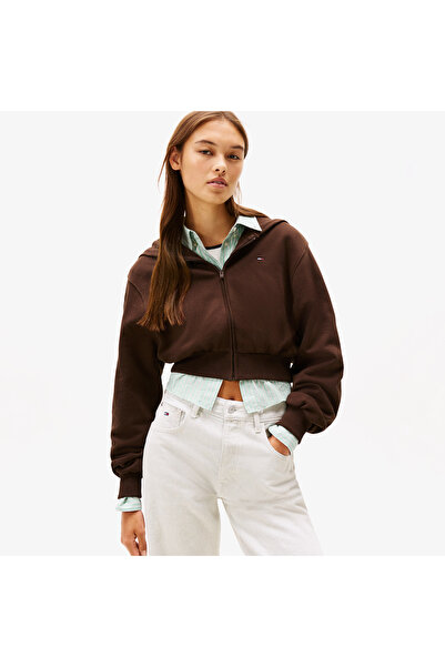 Tommy Hilfiger Tommy Jeans Relax Crop S-Flag Kadın Kahverengi Fermuarlı Hoodie