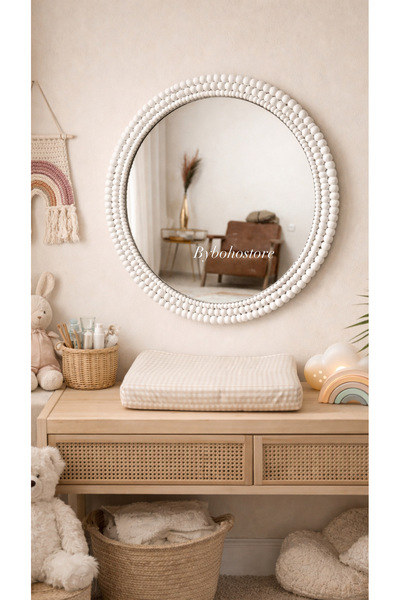 GLSTN By Bohostore Beyaz yuvarlak Ahşap Boncuklu Duvar Aynası – Bohem Stil Sa...