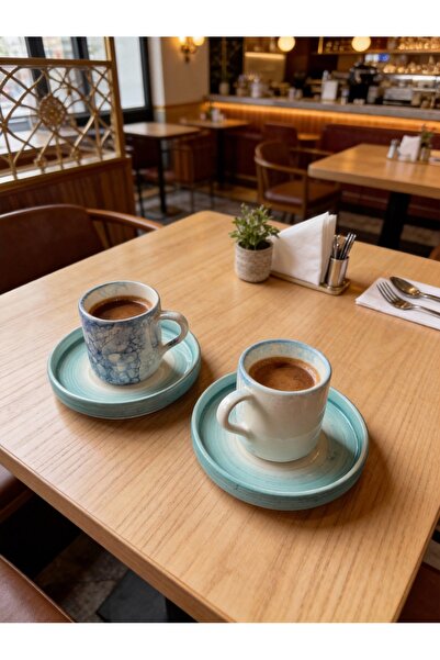 Ceramillion Ebru Desenli Seramik Türk Kahvesi Fincan Takımı