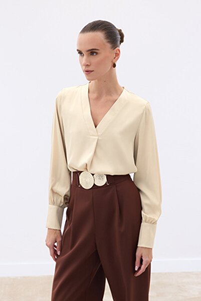 Sateen V-Neck Satin Blouse - Beige