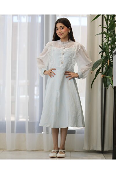 Totikids Girls' sky blue dress with white pattern and trim, sheer sleeves - k...