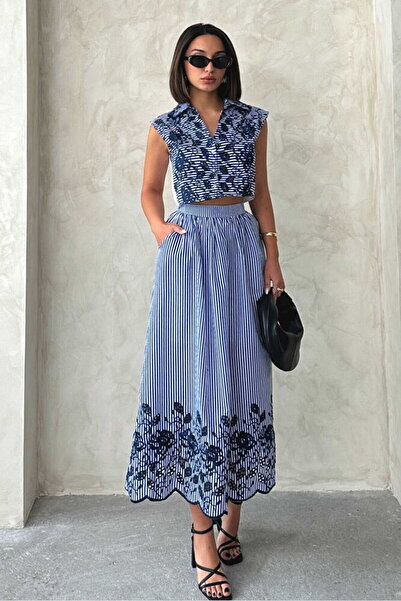 Rabona Fashion Navy Bloom Nakış Detaylı Çizgili Kadın Etek (Sadece Etek)