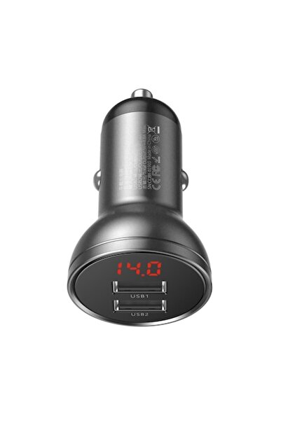 Evia Car Charger 2xUSB-A, Power, 24W, Q52, Silicon Flex, Digital Display, Met...