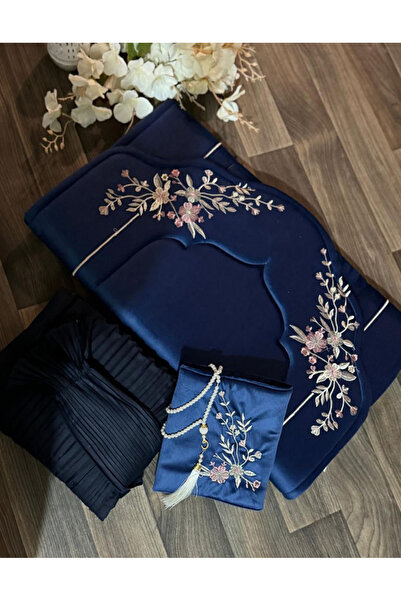 Gerenic طقم سجادة صلاة مخملية زرقاء مطرزة مع كيس مطابق.