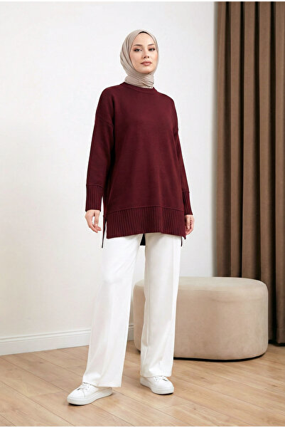 MODAQU Ribbed Detailed Slit Knitwear Tunic - Burgundy