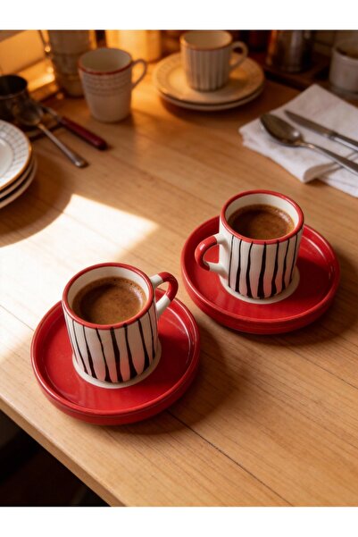 Ceramillion Modern Çizgili Seramik 2li Türk Kahvesi Fincan Takımı