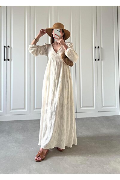 kendii modamm Women's Oversize Crinkle Textured Long Dress |   V-Neck Relaxed...