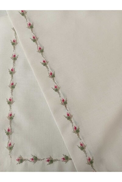 BAŞ TASARIM Cross-Stitch Floral Embroidered Cream Color Tablecloth for 8 People