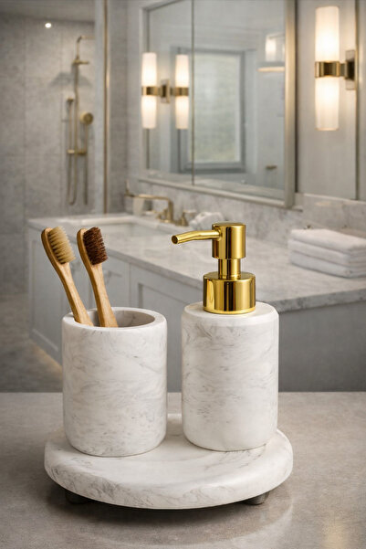 lufen deco Mermer Desenli 3’lü Banyo Wc Seti Sıvı Sabunluk Diş Fırçalık Tepsi...